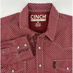Cinch Long Sleeve Pearl Snap Western Shirt Men's Medium Modern Fit Red Geometric